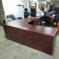 Mahogany Bow Front L Suite Desk w Left Hand Run Off, Double Ped